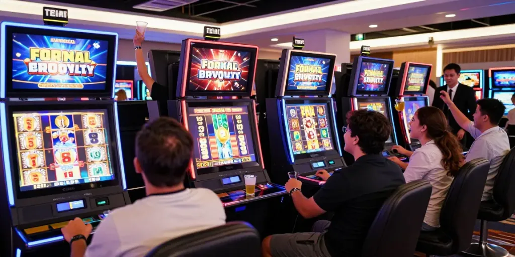 Exciting online slot experience with diverse players enjoying dynamic games and celebrating wins