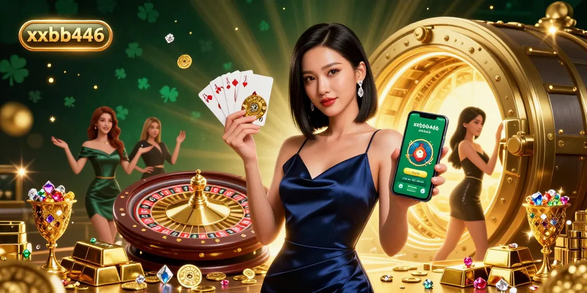 Experience gaming excitement at xxbb446 casino with a stunning woman showcasing slots and roulette.