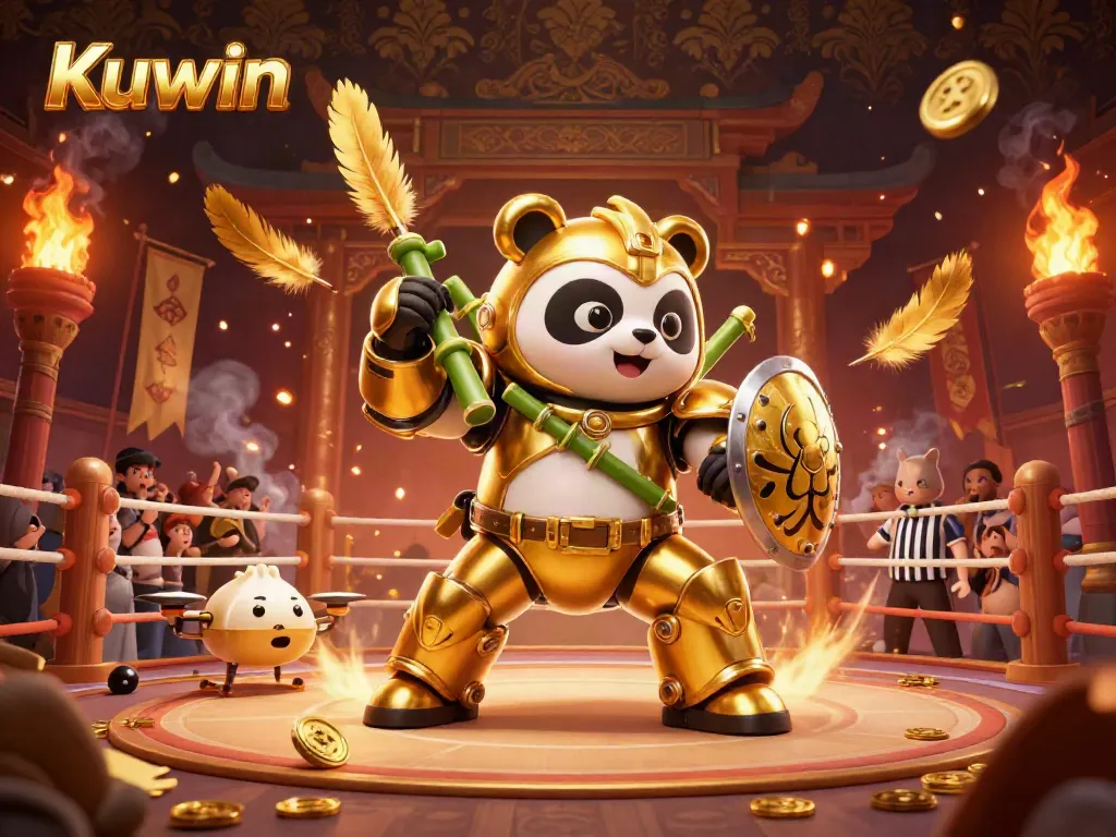 Kuwin online casino action featuring a golden panda in a mech suit amidst vibrant gaming elements.