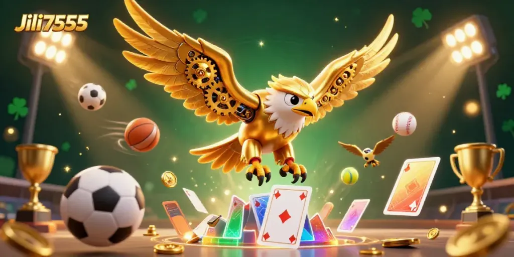 Engage with Jili7555 through a vibrant 3D scene of a golden eagle and sports elements.