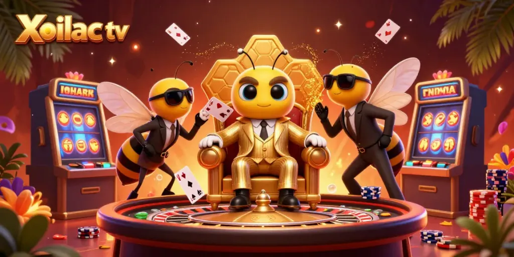 Experience thrilling gameplay with Xoilac tv featuring a bumblebee mob boss at a vibrant casino scene.