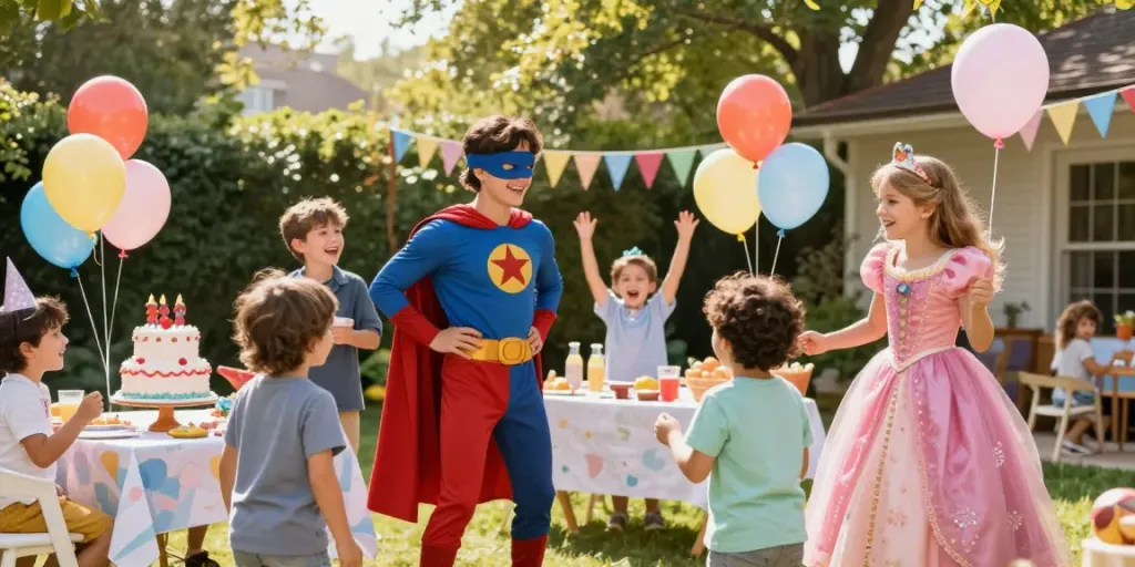 Exciting party characters entertaining children at a festive celebration in a sunny backyard.