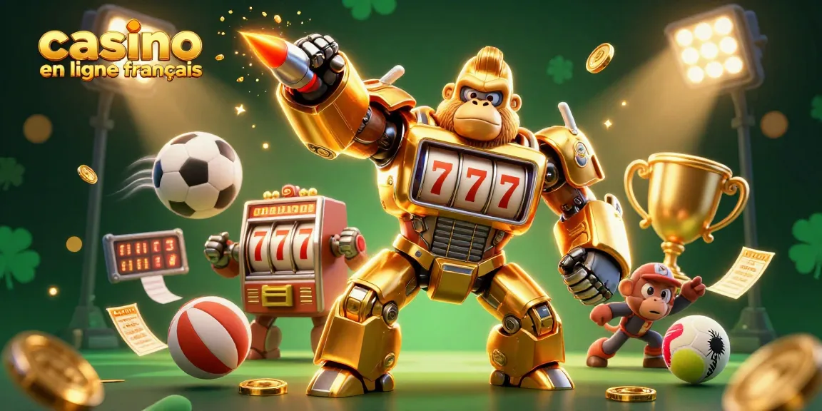 Illustration dynamique d'un gorille robot en or avec des éléments de casino, représentant le casino en ligne francais.