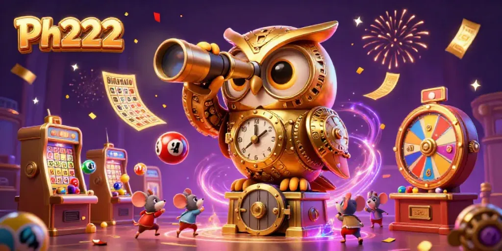 Experience the excitement of Ph222 with a clockwork owl scanning a colorful casino filled with games and prize elements.