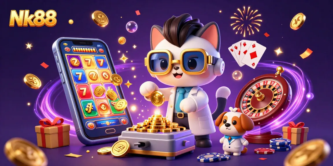 Nk88 features a mad scientist cat and dog assistant in a casino-themed lab surrounded by dynamic gaming elements.