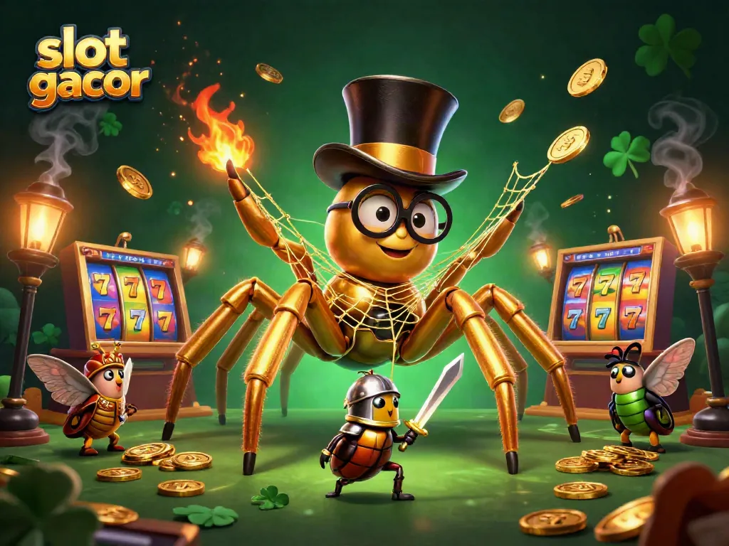 Experience the thrill of slot gacor with a golden tarantula spinning luck-filled threads in a casino.