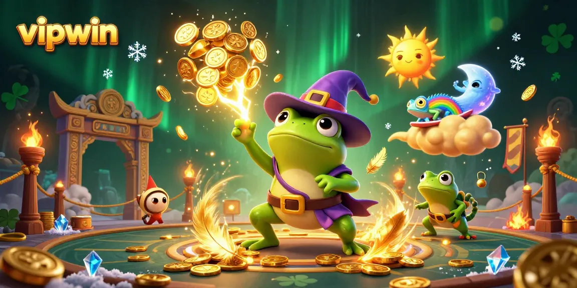 Win big with vipwin as a weather wizard frog conjures golden coins amidst a vibrant casino scene.