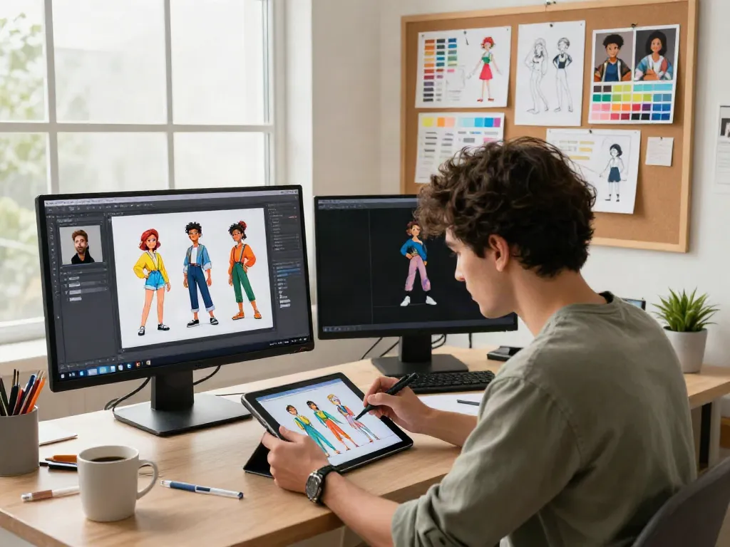 Artist using a consistent character generator in a vibrant creative workspace.