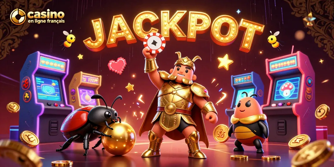Jouer sur un casino en ligne français avec un scarabée en armure d'or, affichant un JACKPOT lumineux.