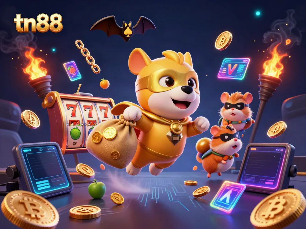Winning at tn88 with a superhero dog and hamster amidst vibrant casino elements