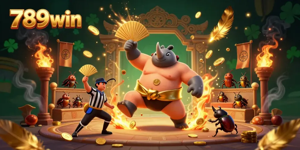 Engage in thrilling action at 789win as a rhinoceros beetle sumo champion performs and golden coins fly.