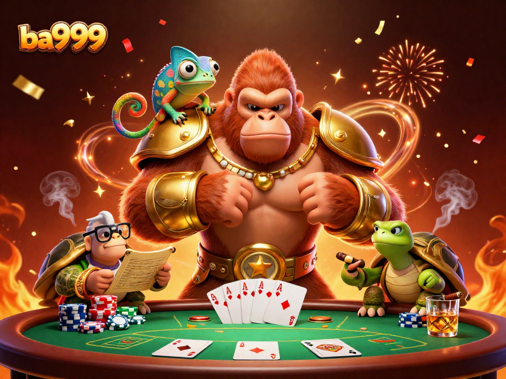 Engaging scene of ba999 with a gorilla king, chameleon, and tortoise at a poker table.
