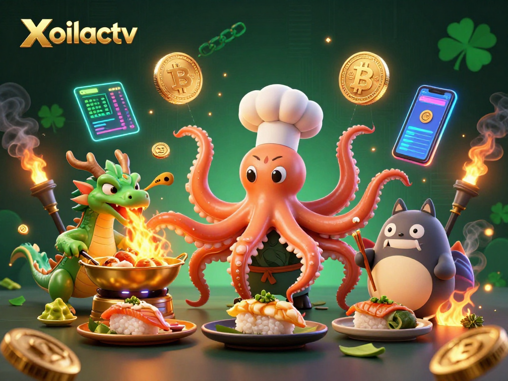 Xoilactv showcases a dynamic 3D illustration featuring a sushi chef octopus and dragon in a colorful casino scene.