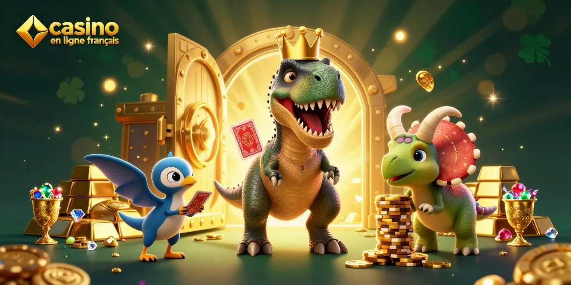 Illustration dynamique mettant en scène un T-Rex, un ptérodactyle et un tricératops dans un casino en ligne français rempli de trésors.