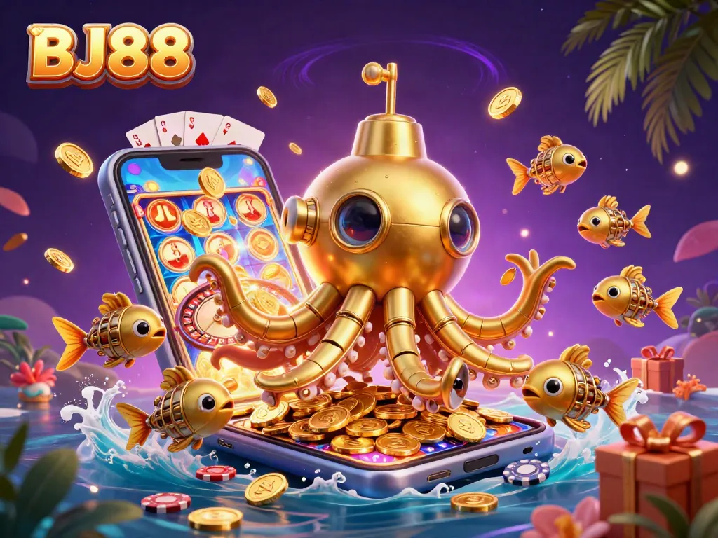 BJ88 showcases thrilling casino excitement with a colorful slot game amidst a gold coin splash.
