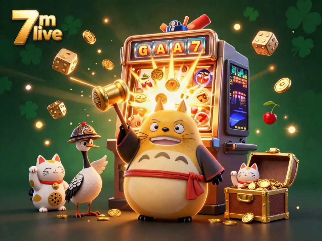 Celebrate with 7m live as a cheerful tanuki wields a golden mallet amid a jackpot explosion in this vibrant casino scene.
