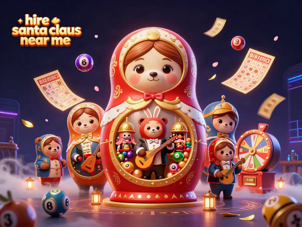 Hire Santa Claus near me with dazzling casino-themed illustration featuring playful characters and lottery elements.