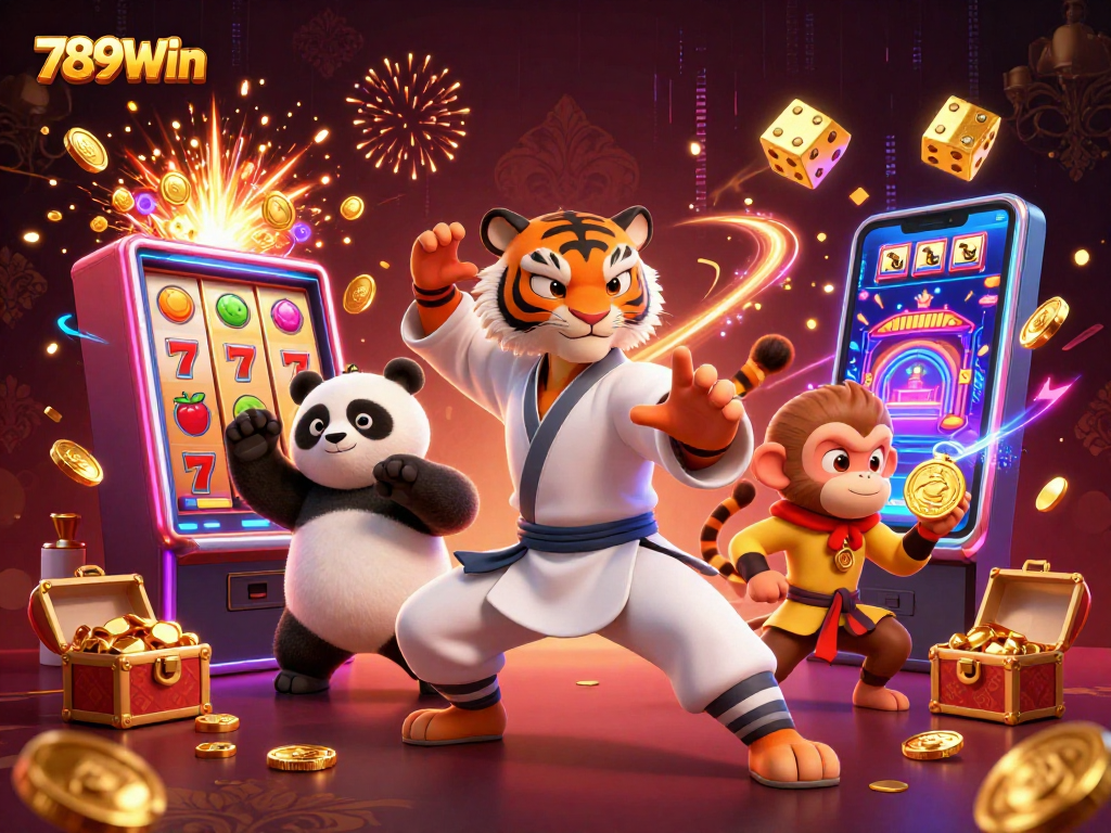 Join 789Win's vibrant slot scene with a kung fu tiger, panda, and monkey amid jackpot thrills.