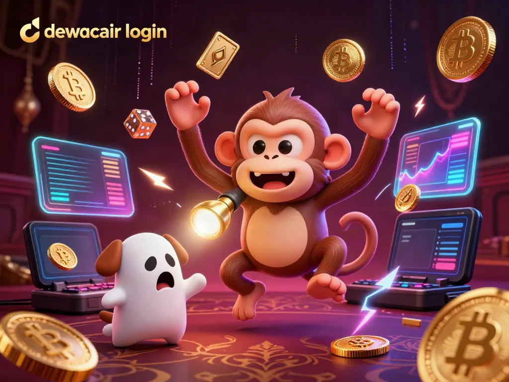 Engage with dewacair login at an exciting haunted casino, featuring a playful poltergeist monkey juggling golden coins alongside a curious puppy.