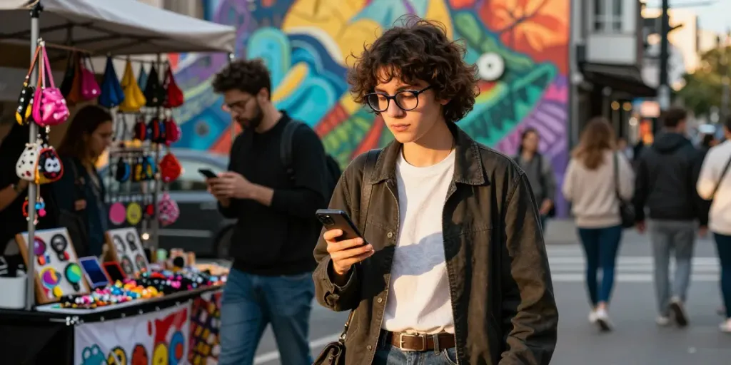 Pessoa usando óculos de grau estilizados em rua urbana vibrante, segurando smartphone.