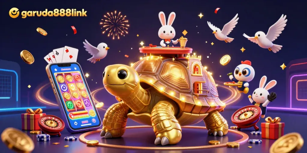 Experience exciting gameplay at garuda888link with a playful golden tortoise casino and a rabbit dealer.