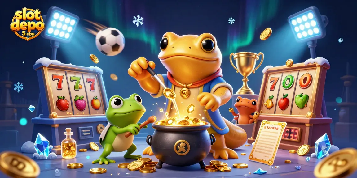 Experience the thrilling slot depo 5 ribu action with gold coins and vibrant slot elements in a magical scene.