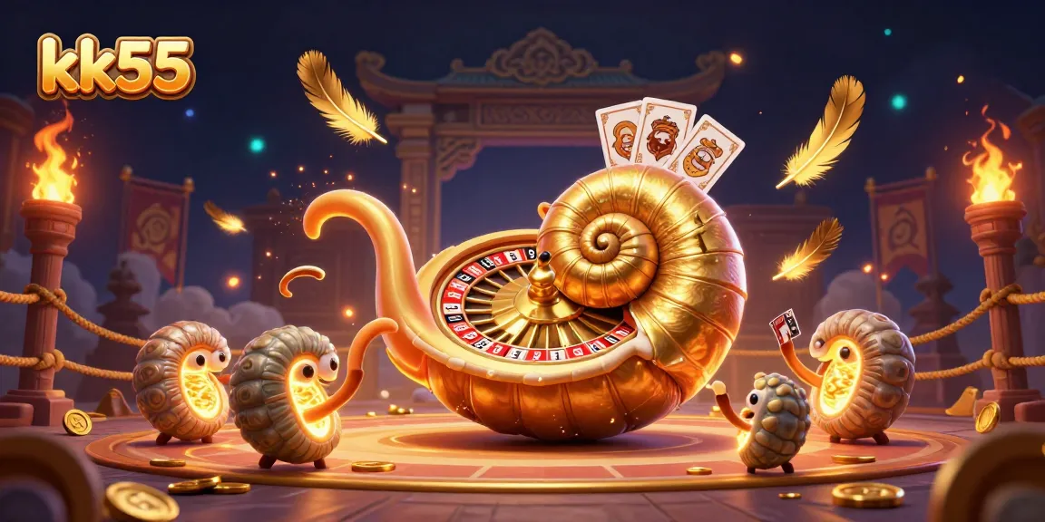 Engage with the thrilling realm of kk55, featuring a giant nautilus roulette and glowing ammonite companions in a vibrant casino scene.