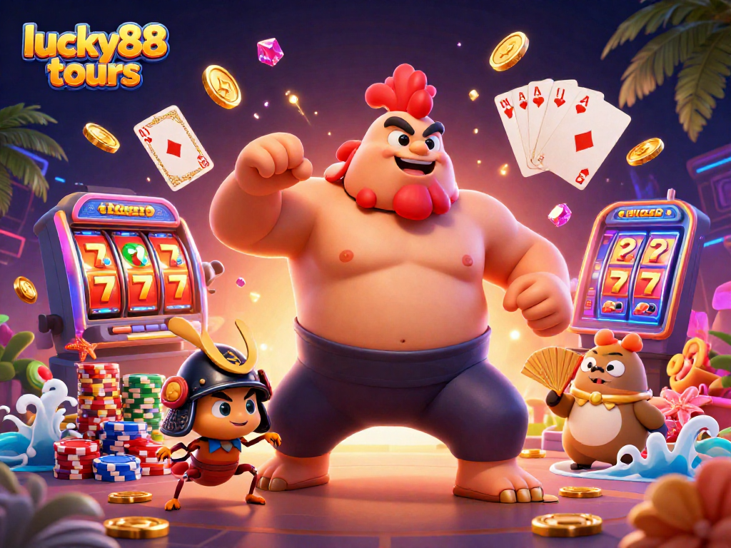 Engaging gameplay at lucky88 tours with festive characters amid vibrant casino elements.