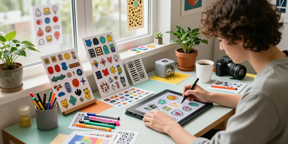 Designer creating custom stickers in a vibrant workspace filled with colourful designs.