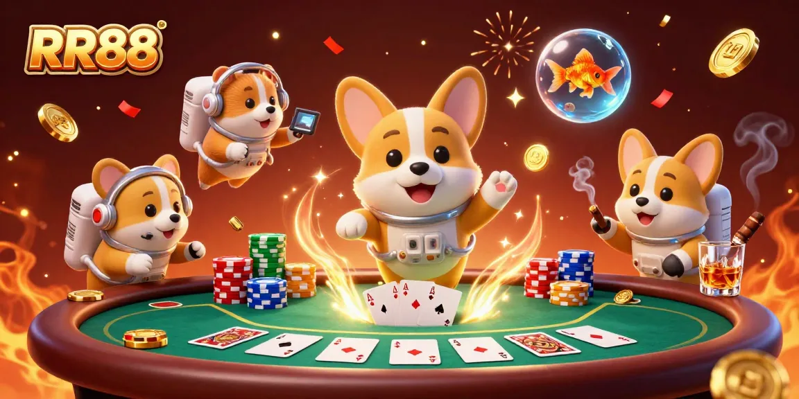 Experience the excitement of RR88 with a lively space casino scene featuring a corgi astronaut, mission-control hamster, and floating goldfish.