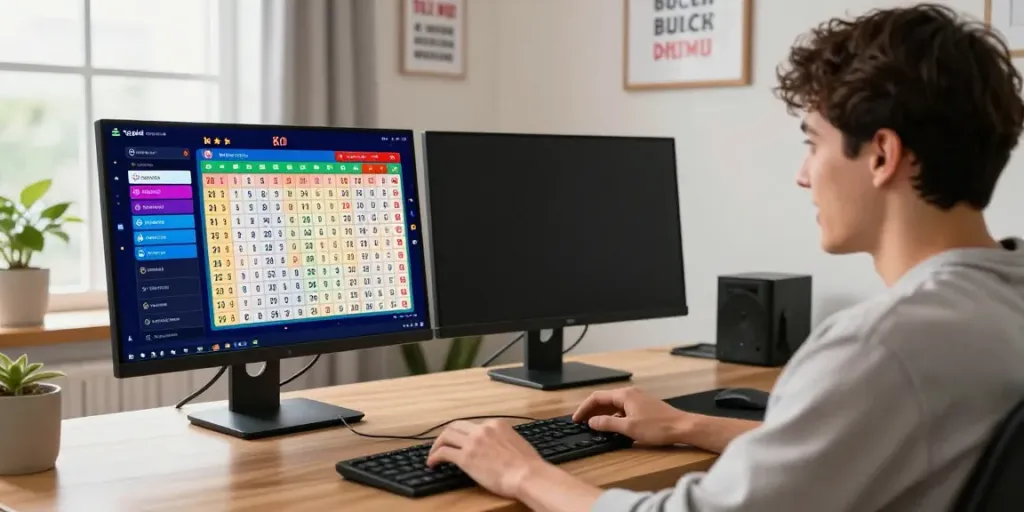 Engaged user playing togel online at a modern computer setup, highlighting an immersive digital gambling experience.