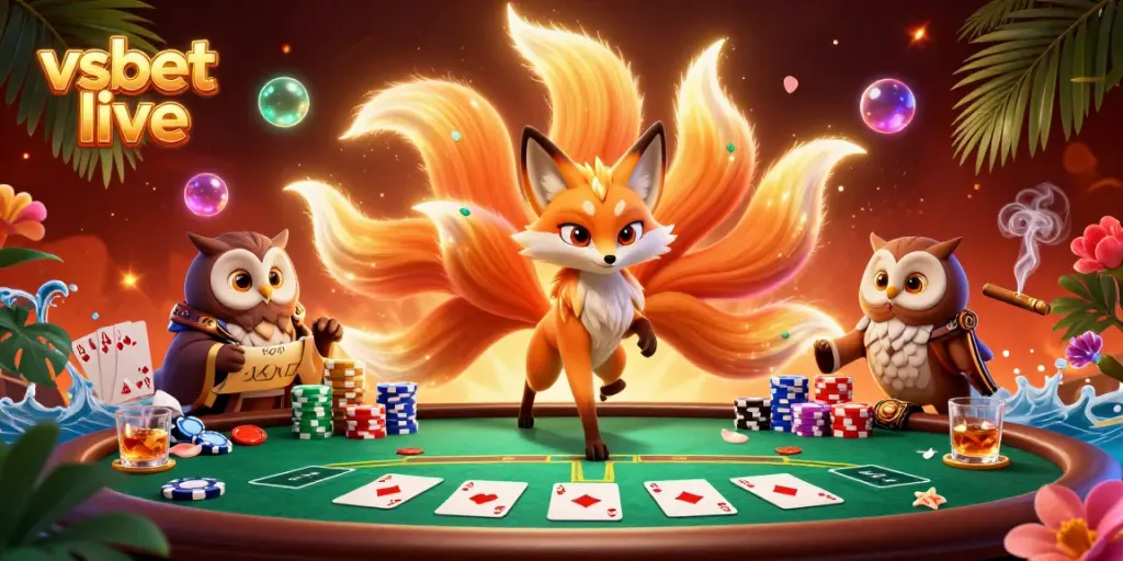 Experience the thrill of vsbet live with vibrant characters and poker elements in a dynamic casino scene.