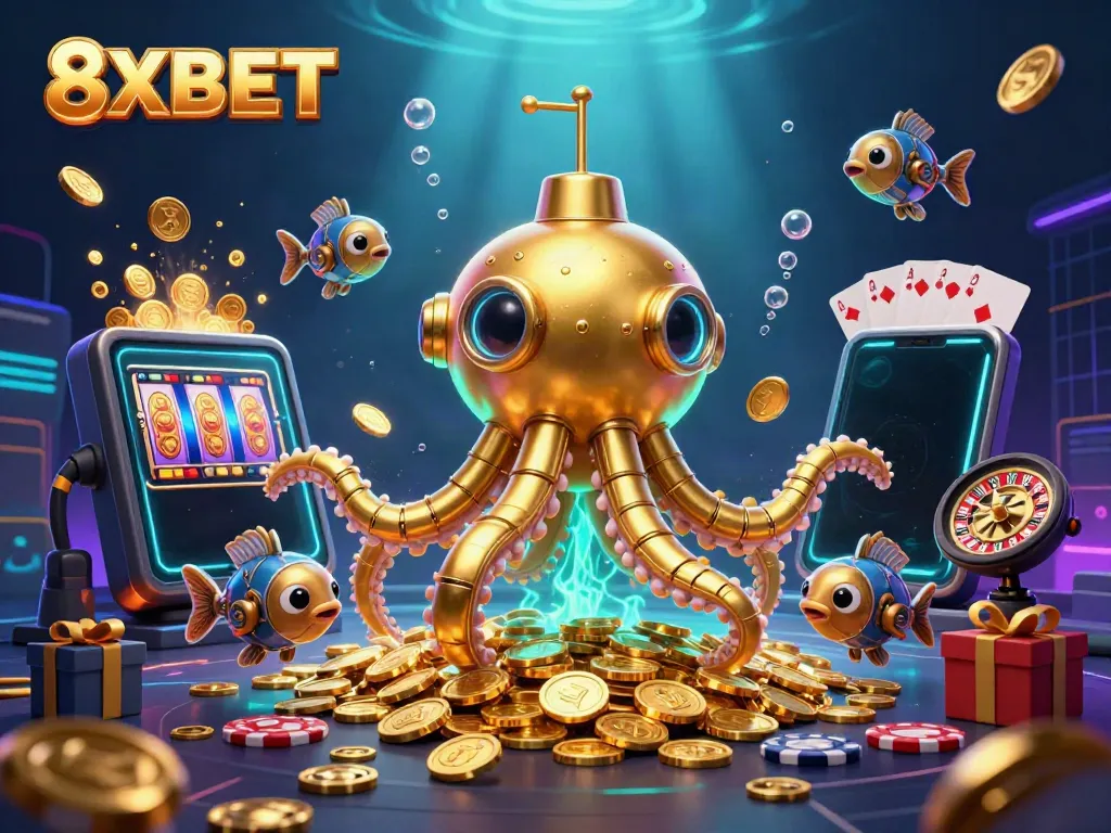 Experience the excitement of 8XBET with a magical underwater casino scene full of treasures.