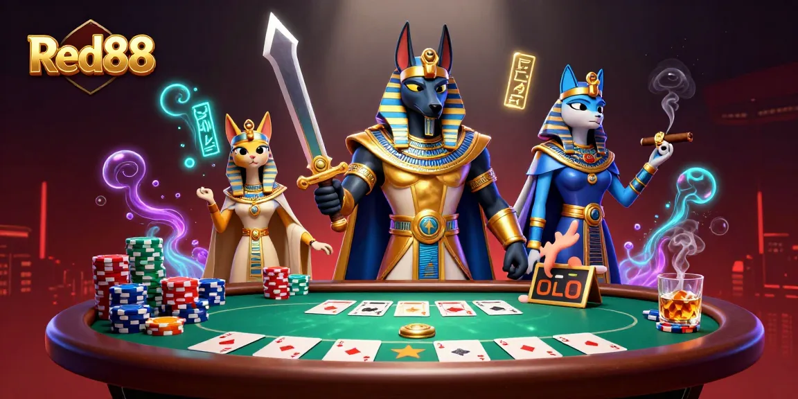 Experience thrilling gameplay at Red88 with poker tables, chips, and legendary Egyptian characters.
