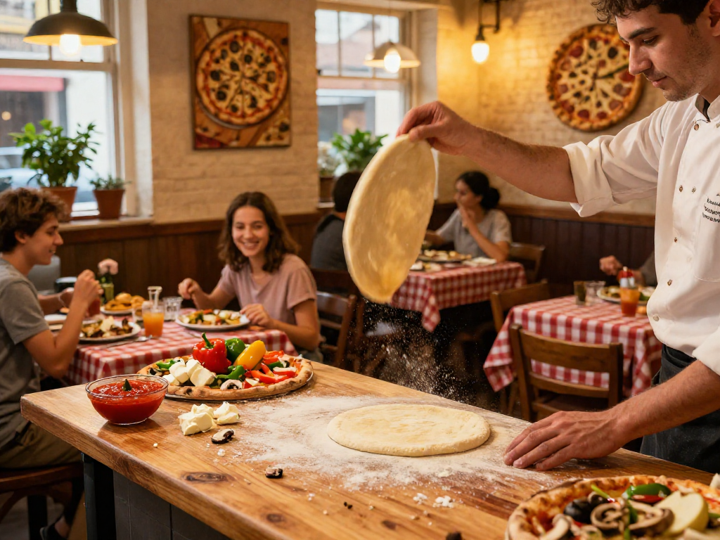 Chef tossing pizza dough in a lively pizzeria setting, showcasing the 'slot' for fresh ingredients