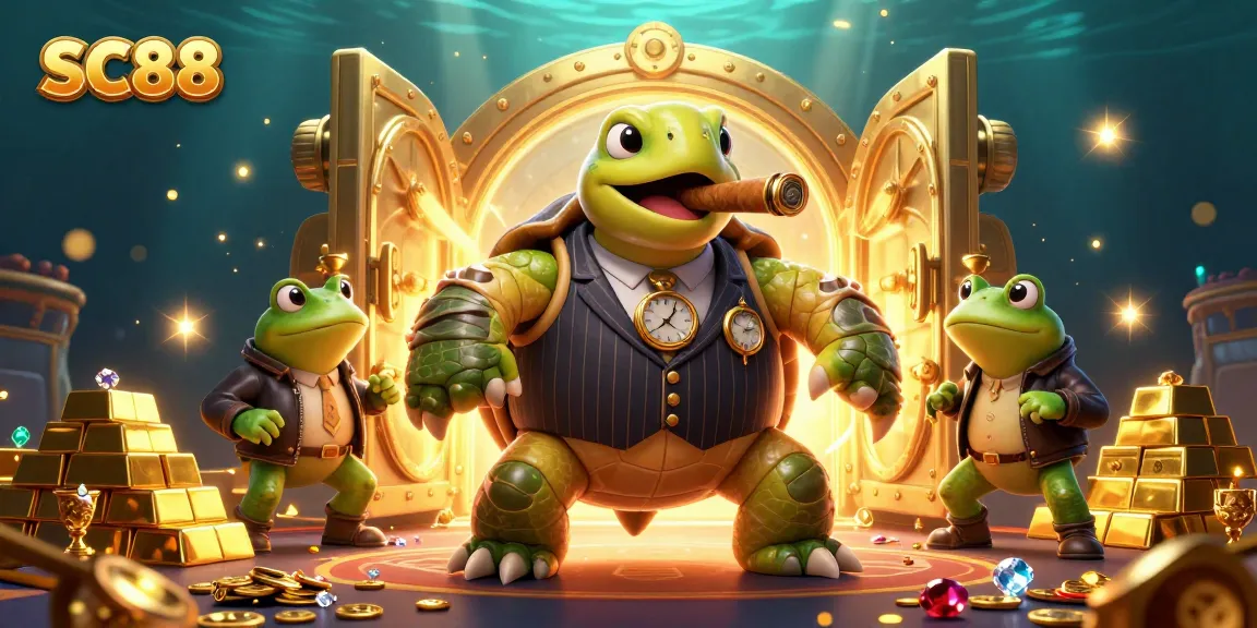 Join the SC88 casino adventure with a cartoon turtle and frog enforcers amidst treasure!
