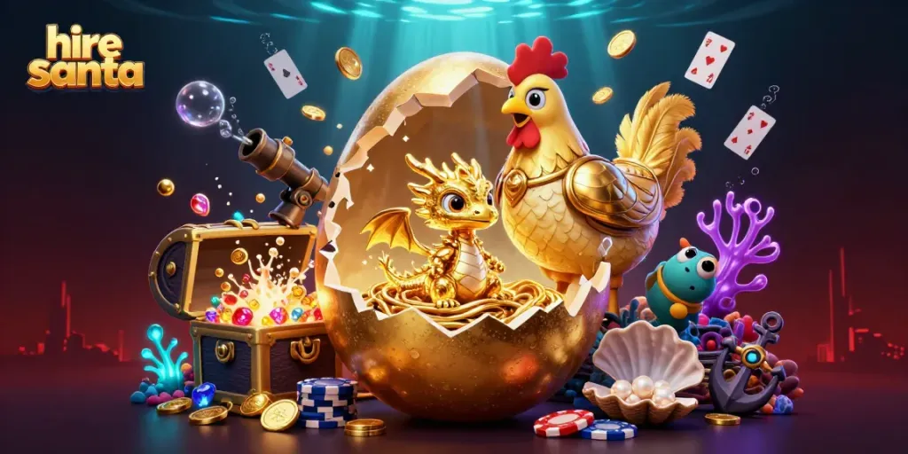 Hire Santa with engaging game elements and detailed 3D illustration showcasing festive excitement.