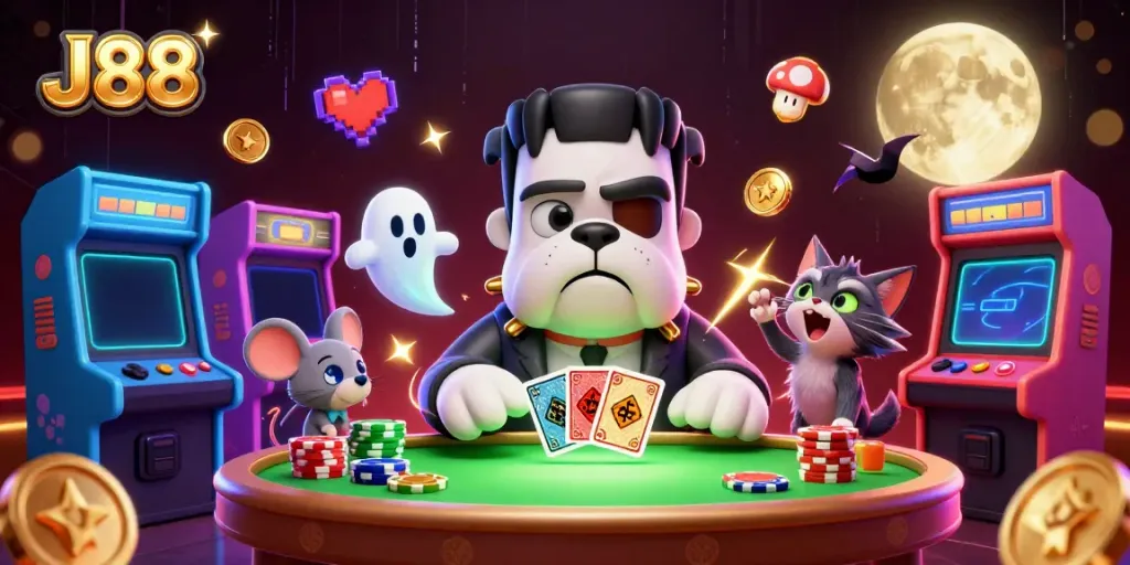 Experience thrilling gameplay with J88 featuring a Frankenstein bulldog dealer and vibrant casino elements.