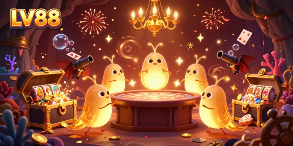 Experience LV88's vibrant cave casino illuminated by glowworms and a bat dealer, showcasing a lively gambling scene.