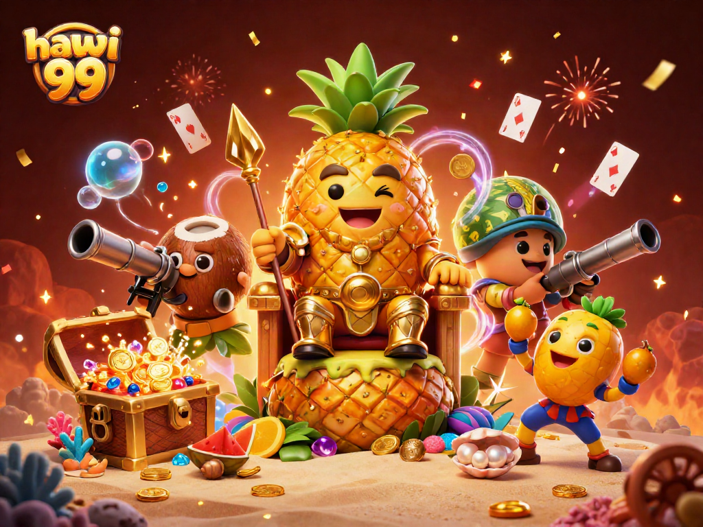 Engage in fun with hawai 99 while enjoying a vibrant casino beach scene featuring a pineapple king and colorful characters.