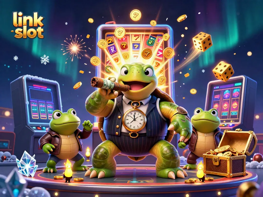 Engage with link slot in a vibrant casino scene featuring a mobster turtle and bullfrog enforcers.