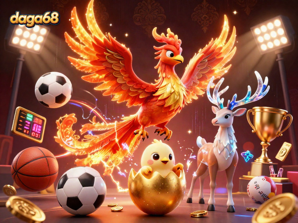 Engage with daga68's vibrant casino scene featuring a fire phoenix, a baby chick, and dynamic sports elements.