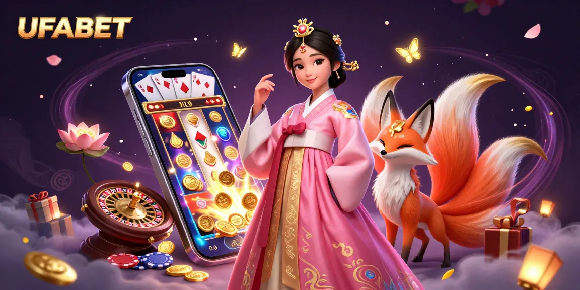Play thrilling games with UFABET, featuring an elegant woman, a lucky fox, and vibrant casino elements.