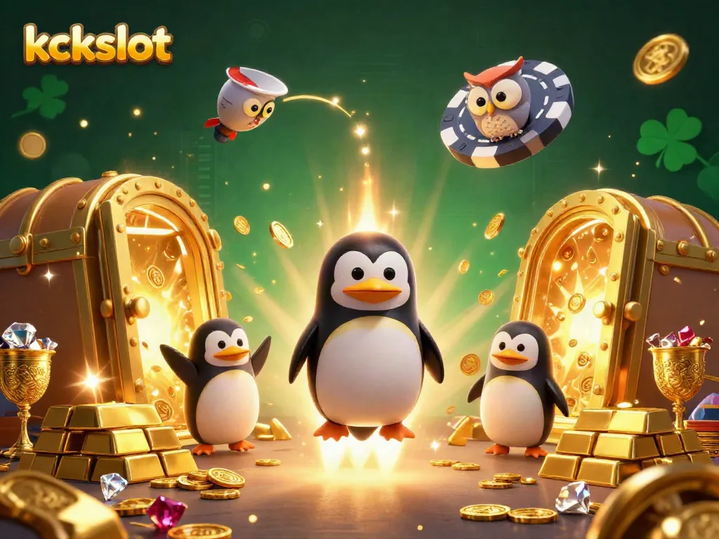 Mainkan kckslot dengan penguin emas terbang dan harta berkilau di kasino luar angkasa.