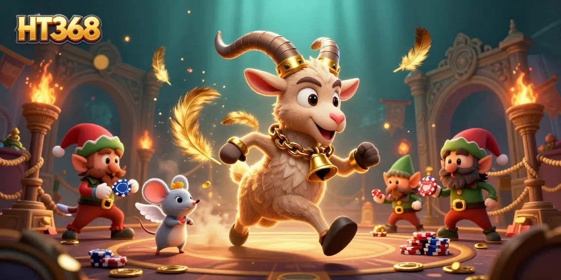 HT368 features a festive Krampus goat in a casino scene with playful elements and chaotic elf gremlins.