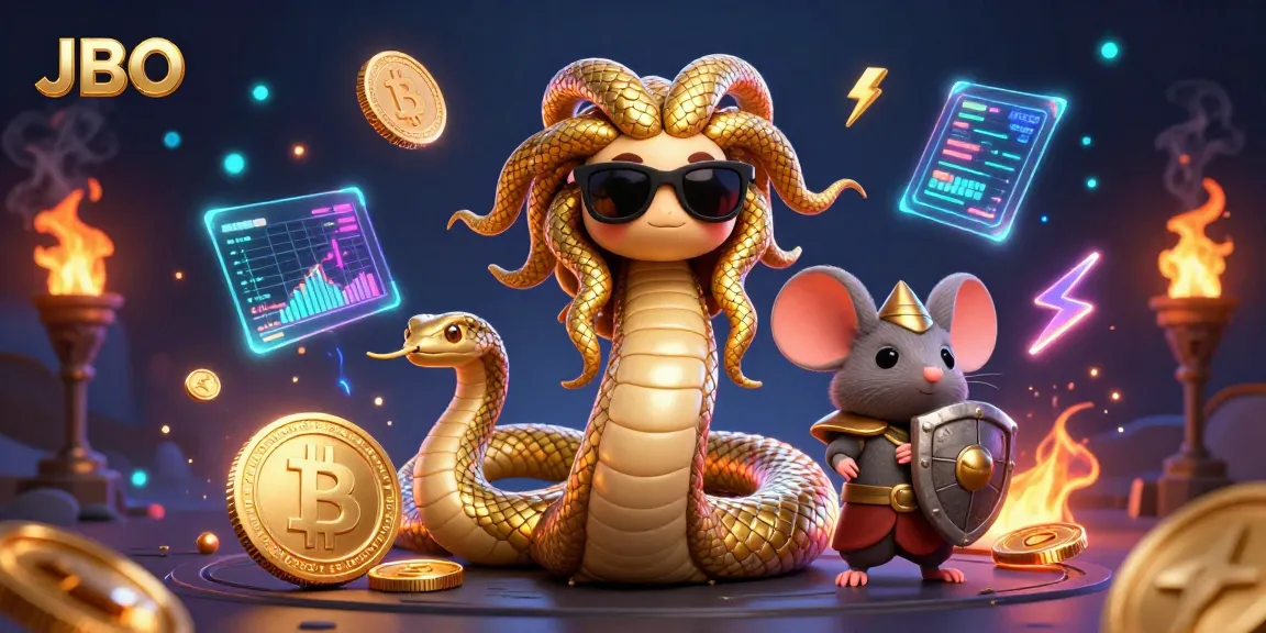 Join the fun at JBO with a lively scene featuring Medusa and a warrior mouse amidst vibrant casino themes.