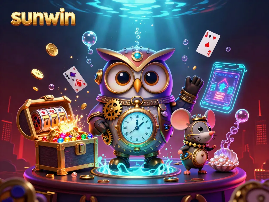Sunwin: Steampunk owl and mouse celebrate wins in vibrant casino scene with gold and gems.