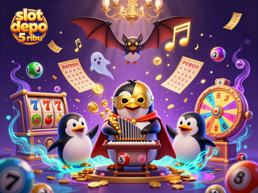 Spin and win with slot depo 5 ribu as a penguin plays golden tunes and coins fly in this vibrant casino scene.