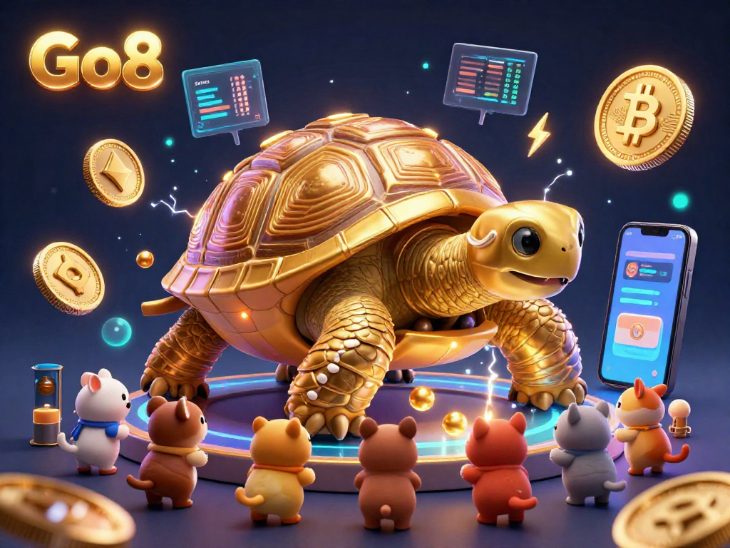 Join the fun at Go8 as excited animals enjoy a golden tortoise pinball machine amid glowing crypto elements!