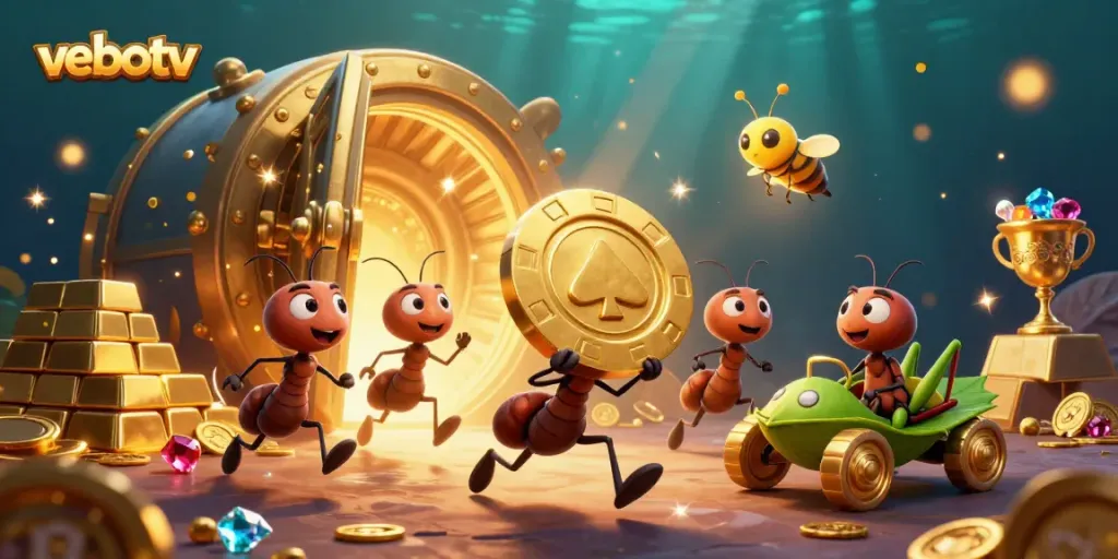 Catch the thrilling moment where vebotv’s ant gang carries an oversized poker chip amidst treasure in a heist scene.